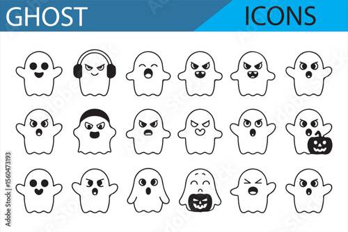 Spooky and playful ghost icons, perfect for Halloween-themed graphics, featuring different expressions and seasonal elements.