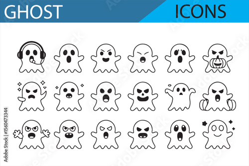 Halloween-themed ghost icons showing playful, scared, and spooky facial expressions, ideal for seasonal designs.