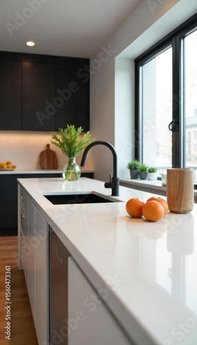 Modern kitchen featuring a sleek, integrated sink seamlessly integrated into a minimalist countertop Perfect for a clean, contemporary design aesthetic , kitchenware, black countertop