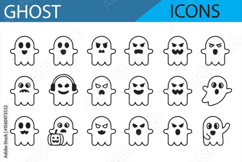 Set of Halloween ghost icons featuring various facial expressions, such as happy, sad, angry, and surprised, with Halloween accessories.