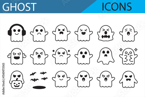Set of vector icons representing various ghost expressions, including happy, sad, surprised, angry, and playful ghosts, with Halloween-themed accessories like bats and pumpkins.