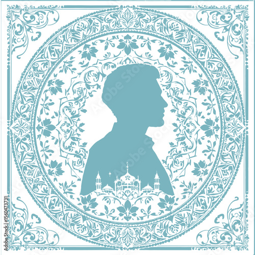 Ornamental Portrait Silhouette Featuring Mosque Architecture Within Circular Floral Frame in Celestial Blue Design