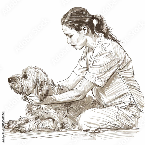 veterinarian women doing a massage to a dog one line drawing