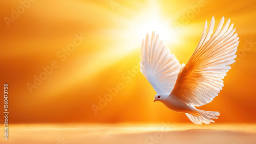 White dove gracefully soars through radiant golden sky, its wings illuminated by warm glow of sun, symbolizing peace and freedom