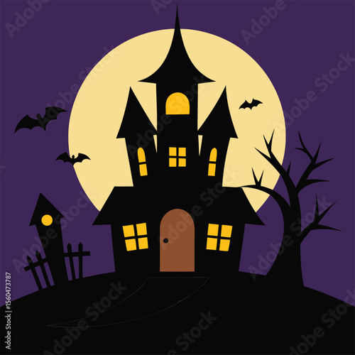 Horrifying haunted chateau with silhouetted trees and bats under an autumnal moon, a spooky Halloween celebration