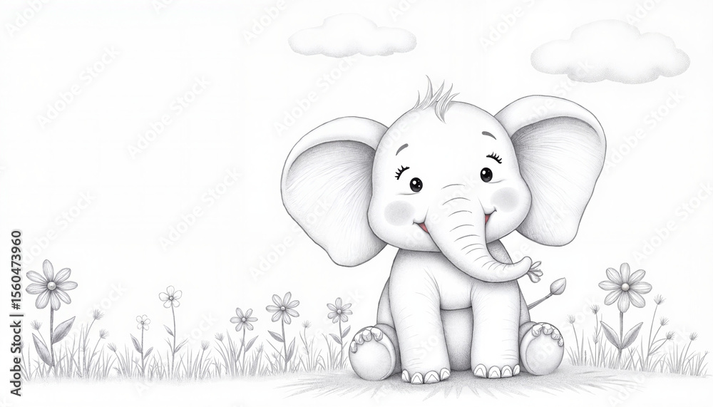 Obraz premium Cute cartoon elephant sitting among flowers with clouds in background 