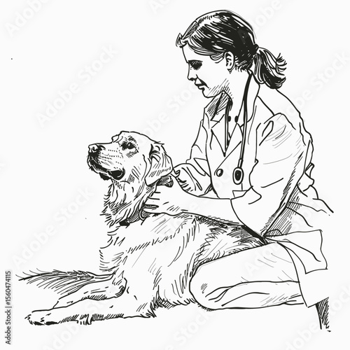 veterinarian women doing a massage to a dog one line drawing