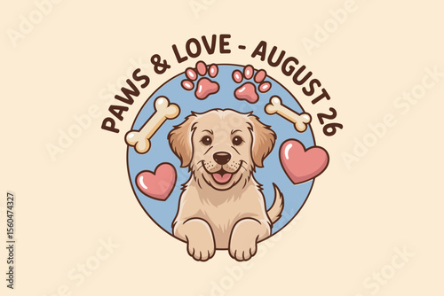 Paws and love dog day vector label with puppy heart and pink tones for animal lovers t-shirt or print  
