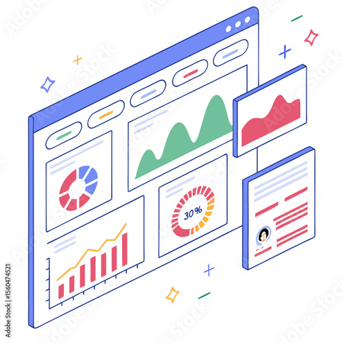 Isometric dashboard interface with various charts and data visualizations displaying key performance indicators