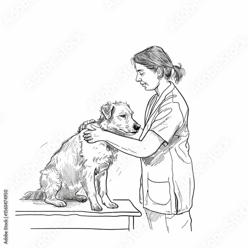 veterinarian women doing a massage to a dog one line drawing