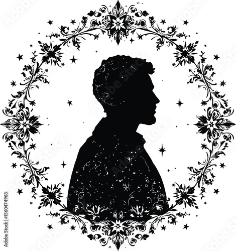 Ornate Silhouette Portrait with Floral and Star Frame in Symmetrical Celestial Style