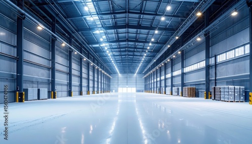 Expansive Snowy Warehouse Interior with Glass Ceiling and Lighting