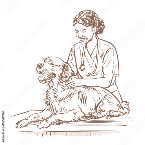 veterinarian women doing a massage to a dog one line drawing