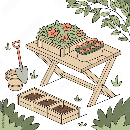 Illustration of a garden scene with a wooden table, flowers, shovel, and raised garden beds in the yard