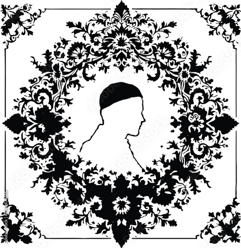 Ornate Profile Silhouette with Symmetrical Floral Frame in Elegant Decorative Style