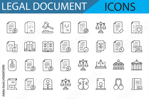 Vector symbols for legal documents, court cases, justice systems, and laws, with a focus on contract and judicial procedures.