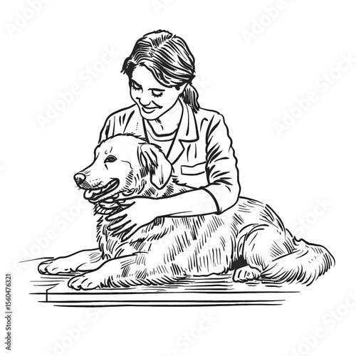 veterinarian women doing a massage to a dog one line drawing