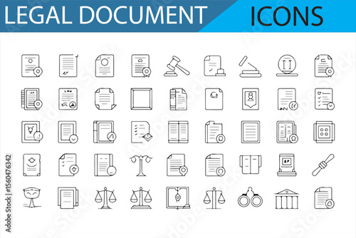 Set of icons representing legal procedures, justice symbols, and legal documentation, ideal for law and legal professionals.