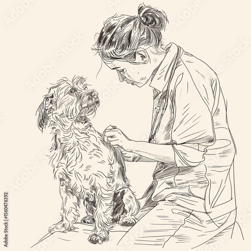 veterinarian women doing a massage to a dog one line drawing