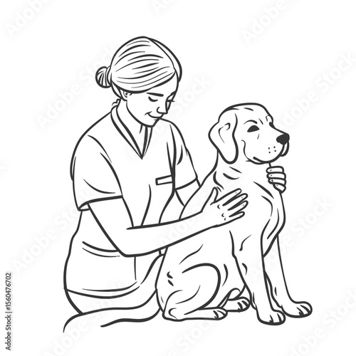 veterinarian women doing a massage to a dog one line drawing