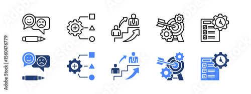 Management Development Program icon set.  with Feedback, Resource allocation, Succession planning, Goal setting, Time management. editable stroke icon set.