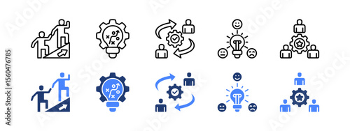 Management Development Program icon set. with Leadership, Strategic, Change management, Emotional intelligence, Talent management. editable stroke icon set.