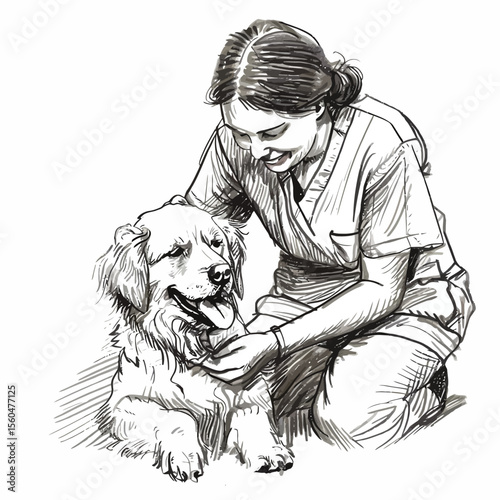 veterinarian women doing a massage to a dog one line drawing