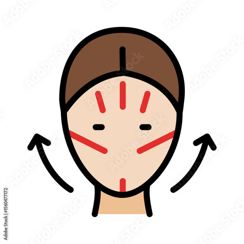 Face kinesio taping scheme. Woman with facial kinesio tapes. Elastic therapeutic tape color icon. Isolated vector illustration.