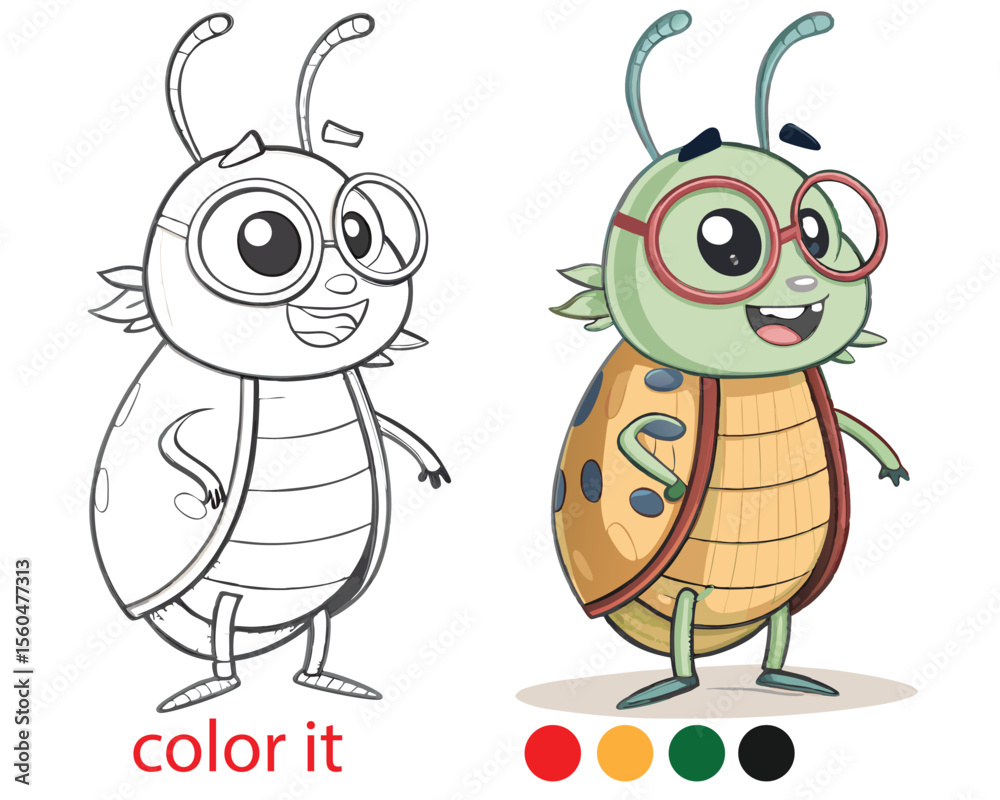 Naklejka premium Cute Beetle Coloring Book for Kids – Big-Eyed Cartoon Bugs with Smiles & Fun Expressions