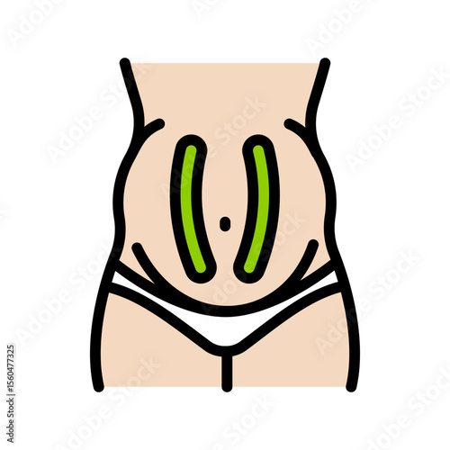 Taping application for pregnant belly color icon. Kinesiology taping techniques during pregnancy. Belly belt. Reducing pain, swelling, spasms. Back support. Isolated vector illustration