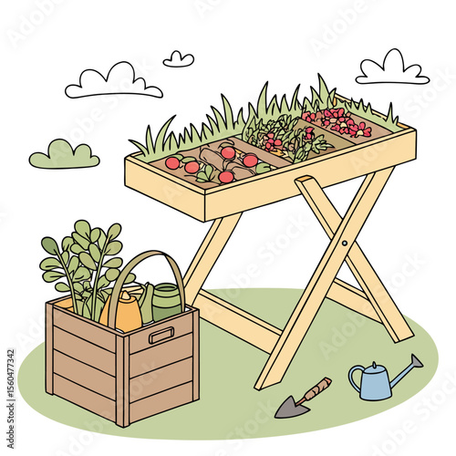 A raised garden bed with various plants and vegetables in a garden setting with tools present near