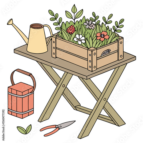 Still life of a wooden table with a flower box watering can bucket and pruning shears in a garden setting