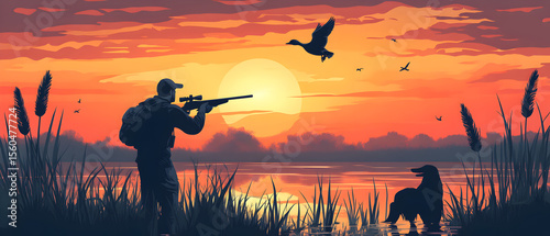 Hunter aims at ducks in the sky against a colorful sunset backdrop, with reeds, water, and a hunting dog enhancing the wilderness scene.