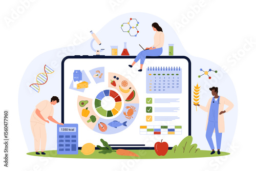 Food diary for weight loss, calorie calculator in online app. Tiny people using planner service with data charts of products on laptop screen to plan healthy daily diet cartoon vector illustration