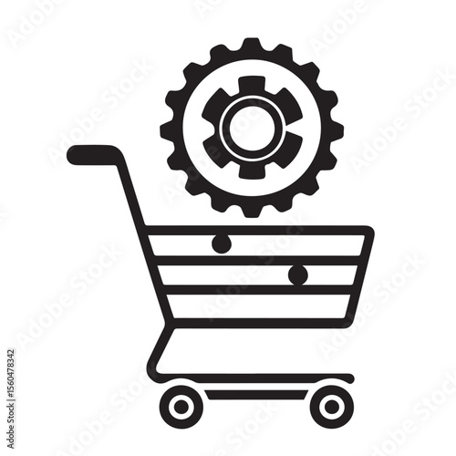 Vector art of an icon of a shopping cart with a gear on top is isolated on white background, representing online business and technology