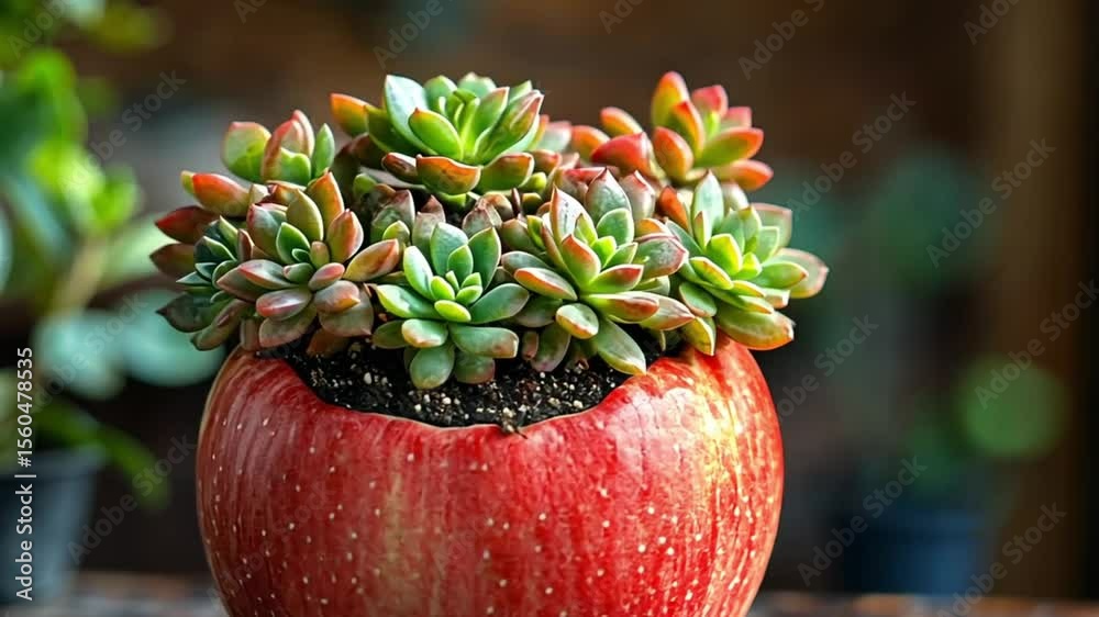 Succulent plants in a red apple planter