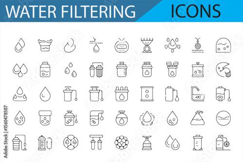 Vector symbols representing clean water systems, purification methods, and water filtration equipment for environmental sustainability.