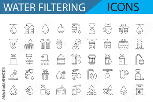 Collection of water filtration icons, depicting water treatment processes with various bottles, drops, and purification systems.