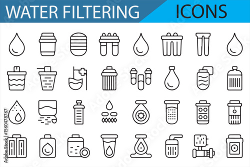 Set of vector icons illustrating water filtration, purification, and treatment methods, featuring water bottles, filters, and laboratory symbols.