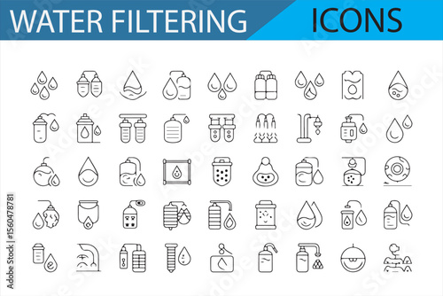 Vector icons representing water filtration, water purification, and water treatment processes in line art style, featuring bottles, filters, droplets, and laboratory equipment.