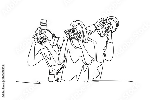 university students joining photography community. University Student Life concept. Single line draw design. Vector graphic illustration