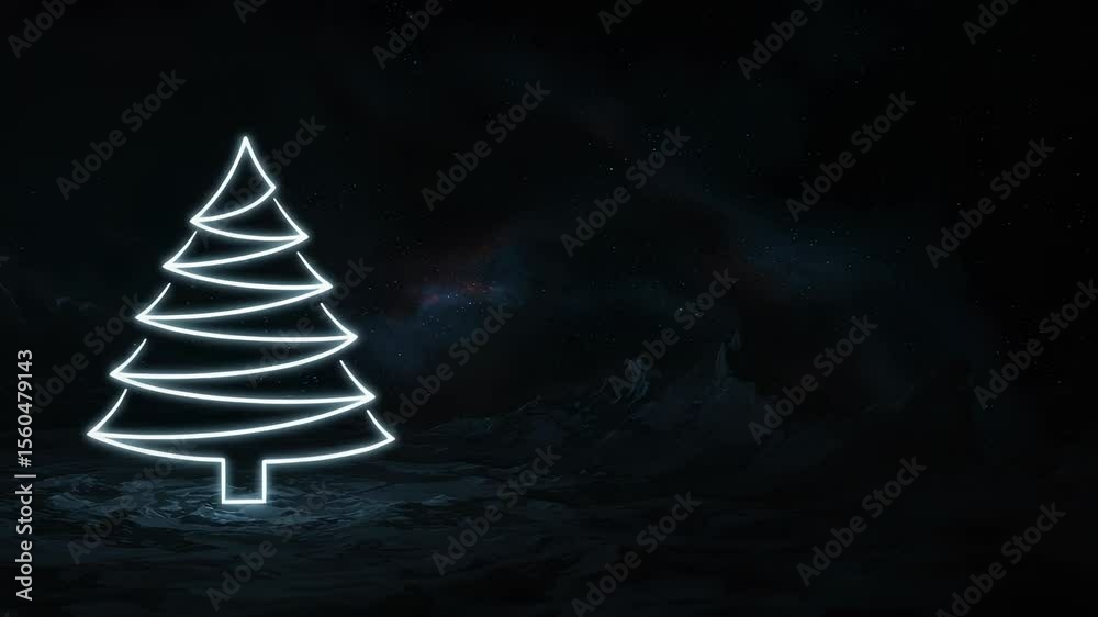 Glowing Christmas Tree Silhouette on Winter Landscape Under Starry Night Sky fix/video