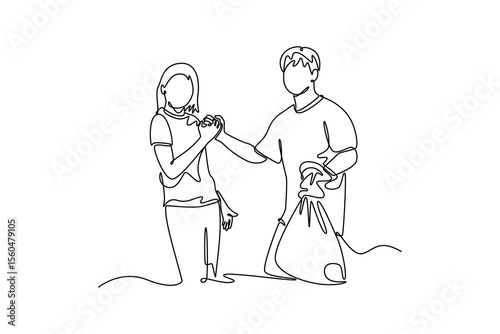 volunteer working , volunteering, charity, cleaning. Participating in community social projects. University Student Life concept. Single line draw design. Vector graphic illustration