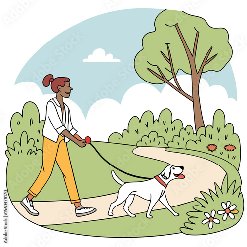 A woman walking her dog on a path in a park with trees bushes and flowers on a sunny day with clouds