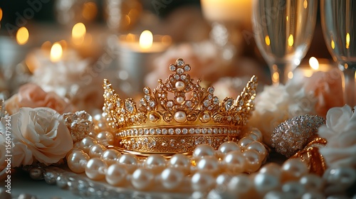 Golden Crown Adornment: A close-up shot reveals a luxurious, bejeweled golden crown resting gracefully amidst a collection of elegant pearls, with subtle candles in the background, evoking royalty.