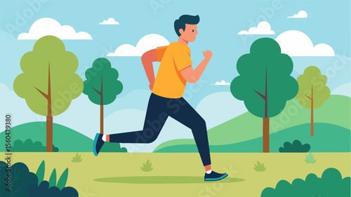 A man jogging through the park repeating encouraging words to himself as he pushes through the last mile.. Vector illustration