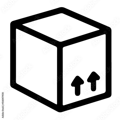 Black and white vector illustration of a cube-shaped box with upward arrows, indicating delivery or shipping.