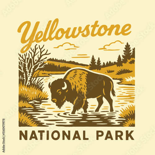 Yellowstone National Park Buffalo with Mountain and River Landscape Vintage Design