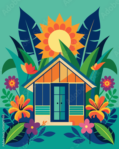 A tropical paradise where guests can stay in beach cabins adorned with vibrant floral patterns with solar panels incorporated into the designs creating a fusion of nature and. Vector illustration
