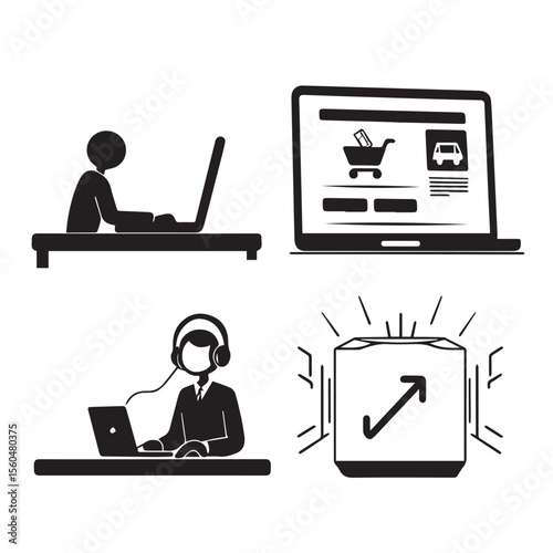 Vector art of simple black icons isolated on white background illustrate online shopping, featuring a person using a laptop, a customer service agent, and an online store interface showcasing a car